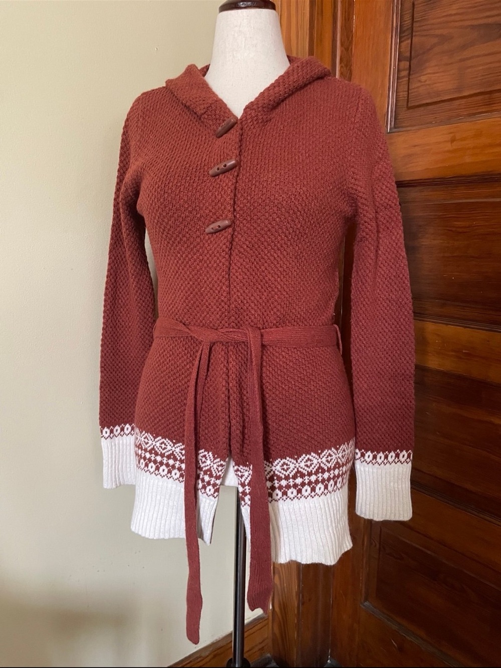 Merona Rust Red Hooded Knit Cardigan with White Accent Hem